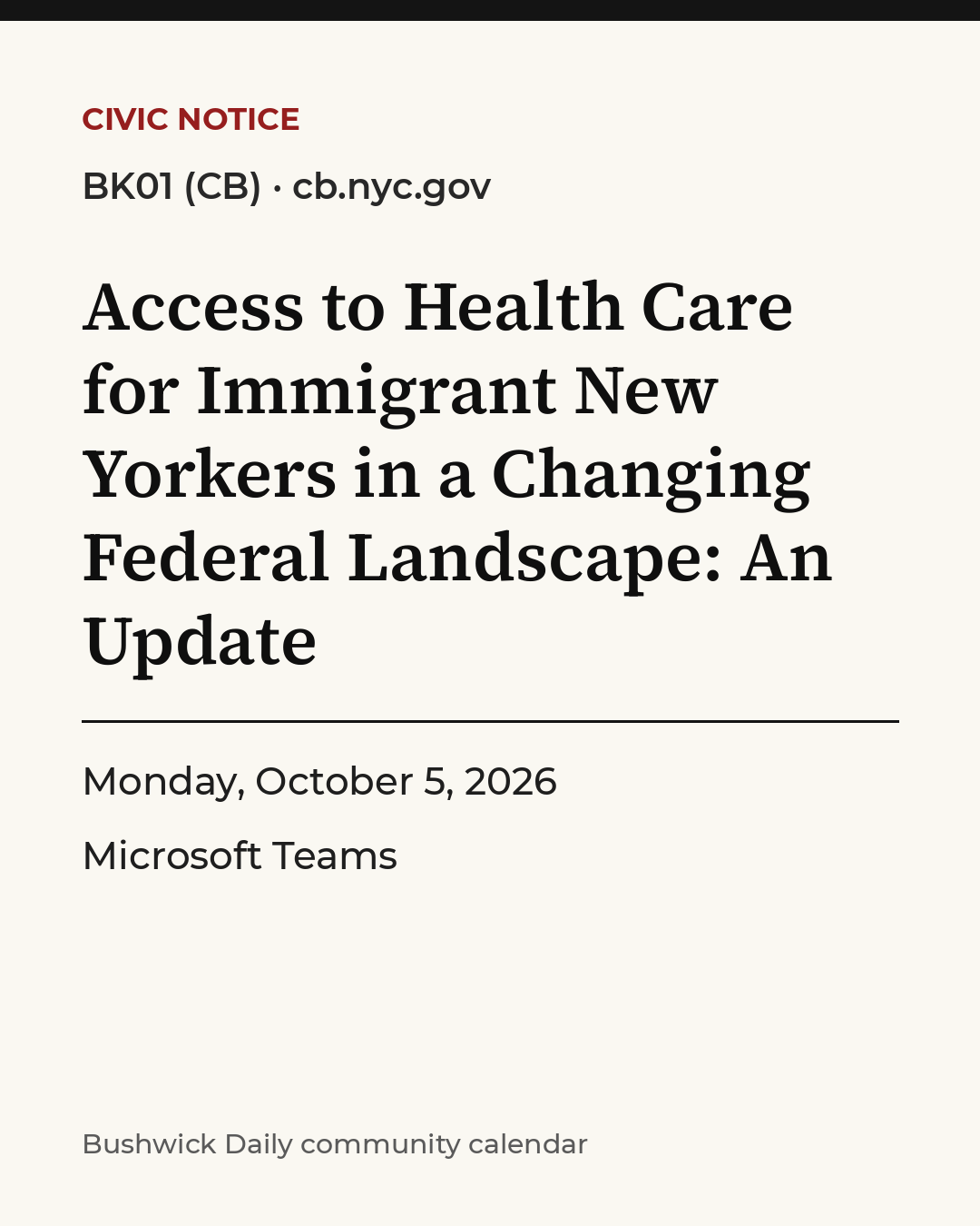 Flyer for Access to Health Care for Immigrant New Yorkers in a Changing Federal Landscape: An Update