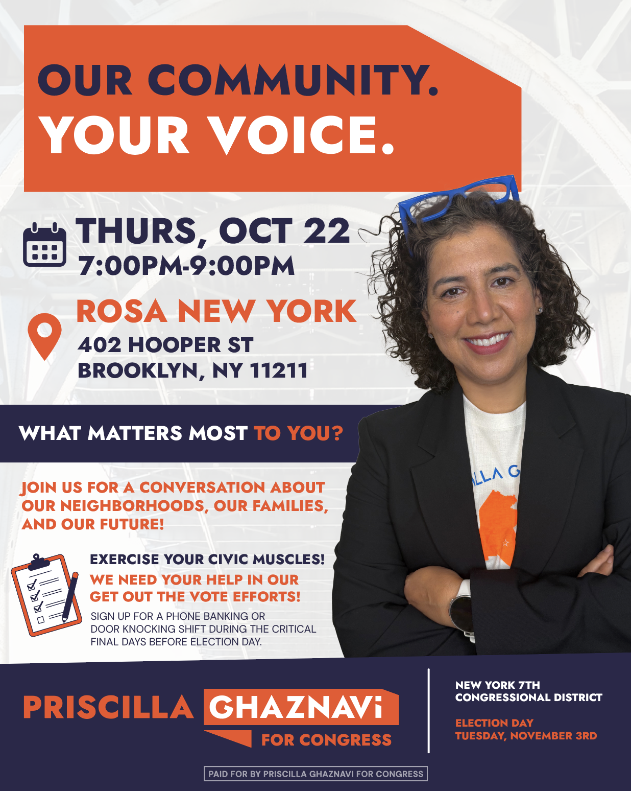 Flyer for Priscilla Ghaznavi Campaign Event: Get Out The Vote Kick-off