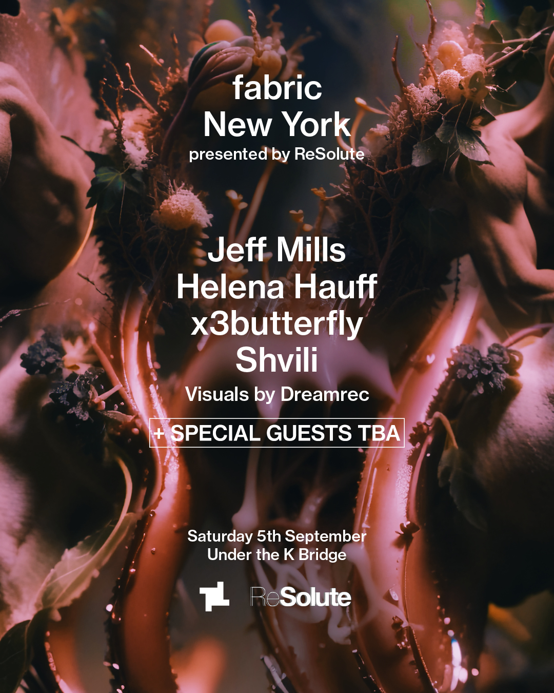 Flyer for fabric New York presented by ReSolute (Jeff Mills, Helena Hauff, x3butterfly, Shvili + SPECIAL GUESTS TBA)