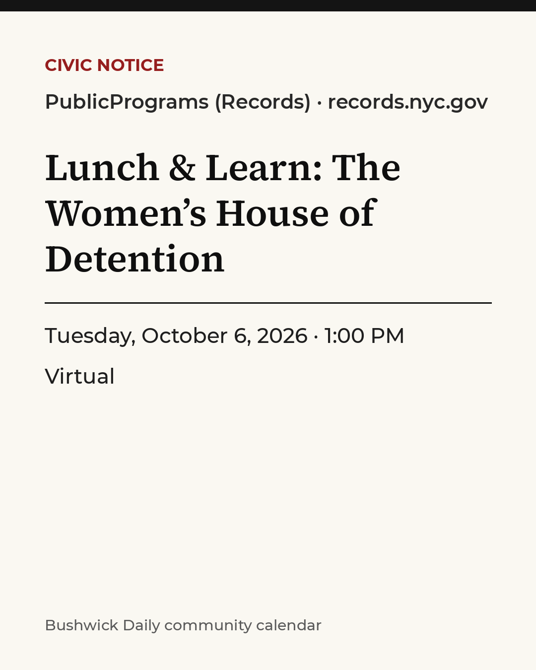 Flyer for Lunch & Learn: The Women’s House of Detention