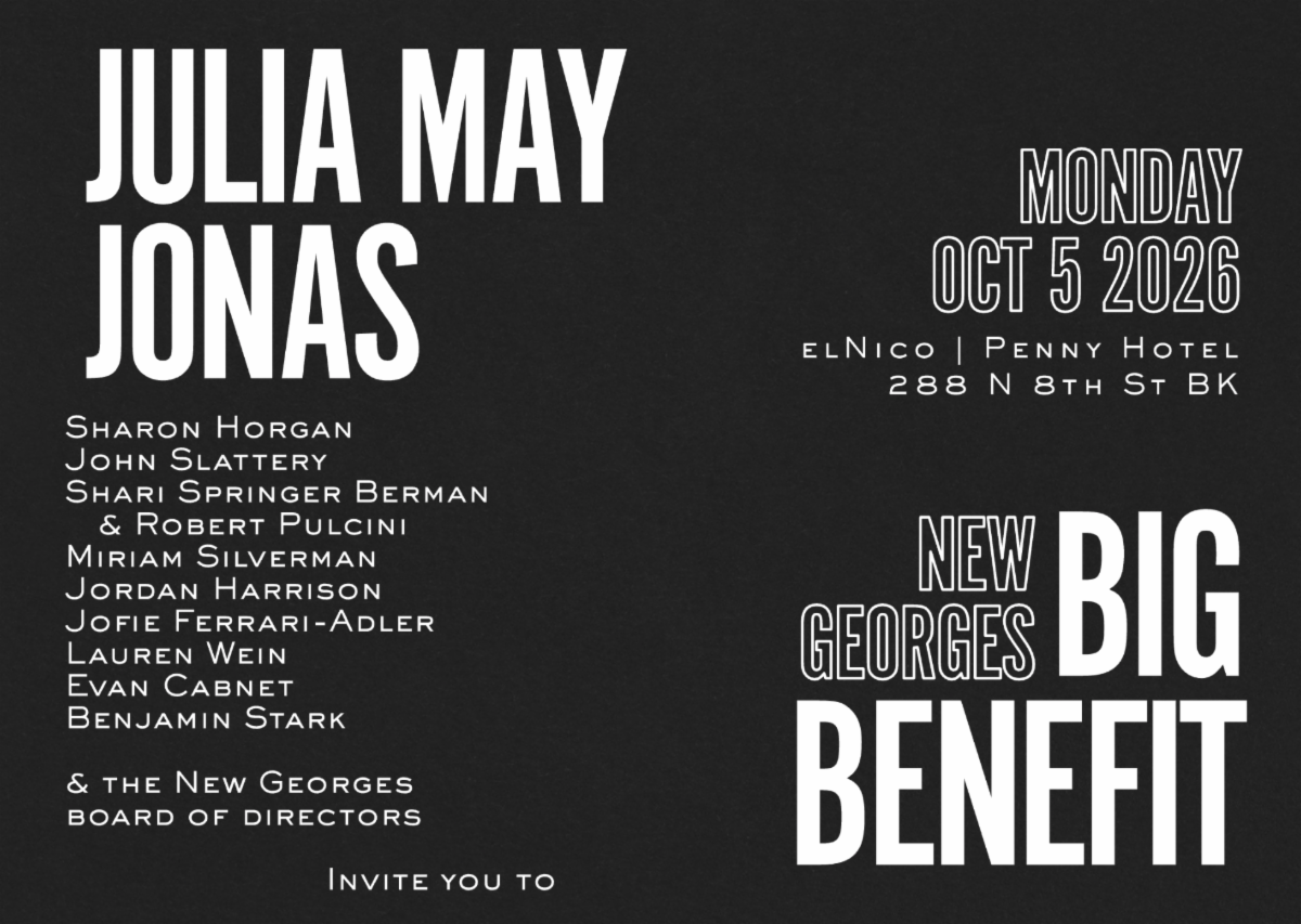 Flyer for New Georges' 2026 Big Benefit celebrates Julia May Jonas