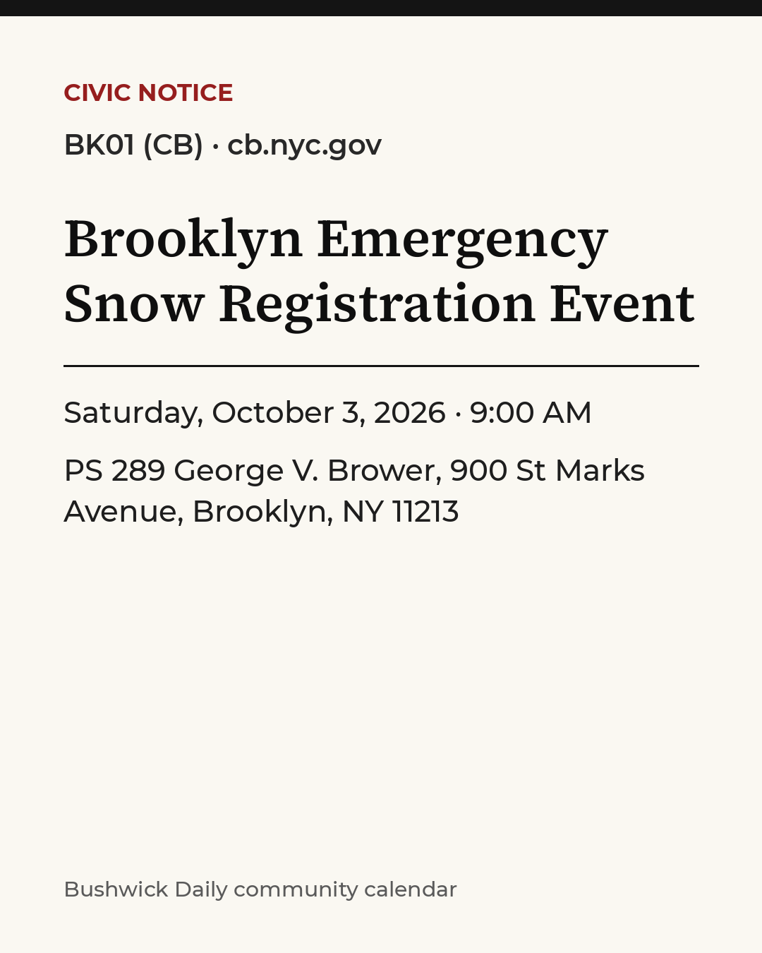Flyer for Brooklyn Emergency Snow Registration Event