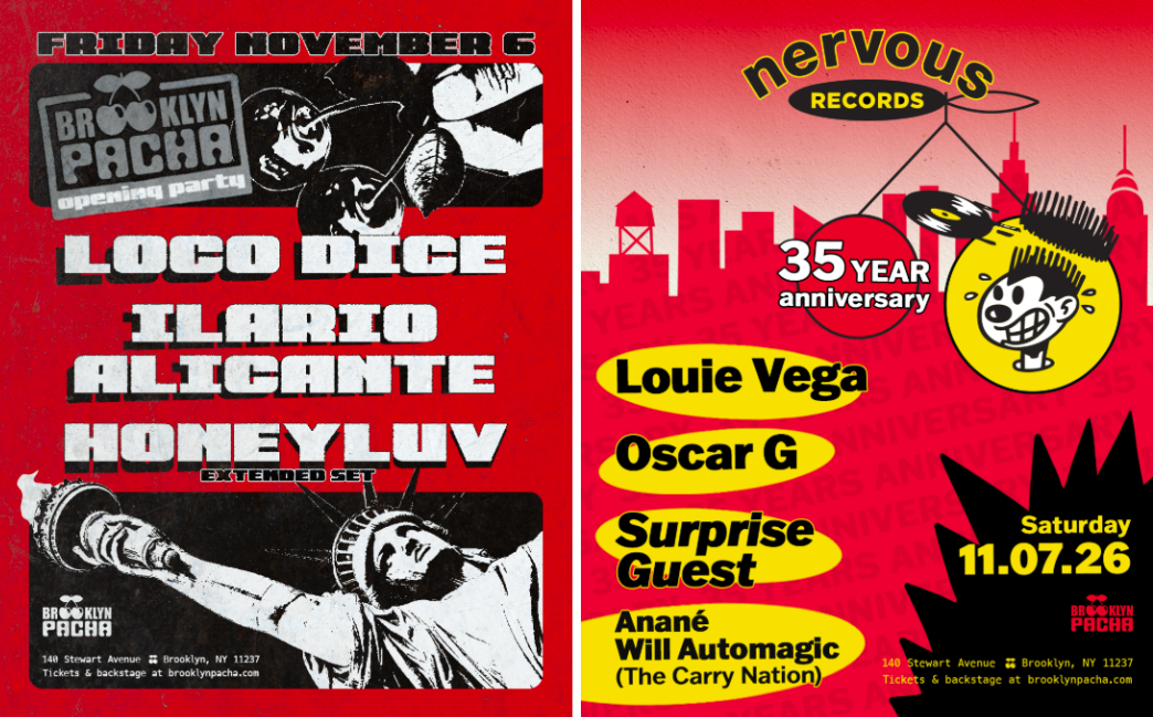 Flyer for Brooklyn Pacha Opening Party with Loco Dice, Ilario Alicante, Honeyluv