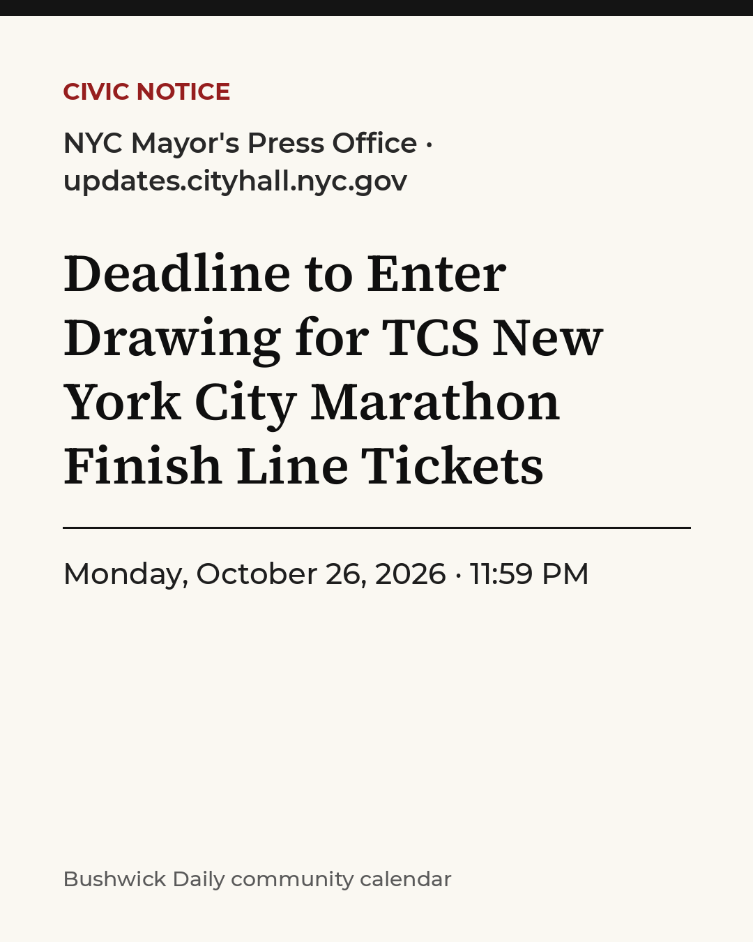 Flyer for Deadline to Enter Drawing for TCS New York City Marathon Finish Line Tickets