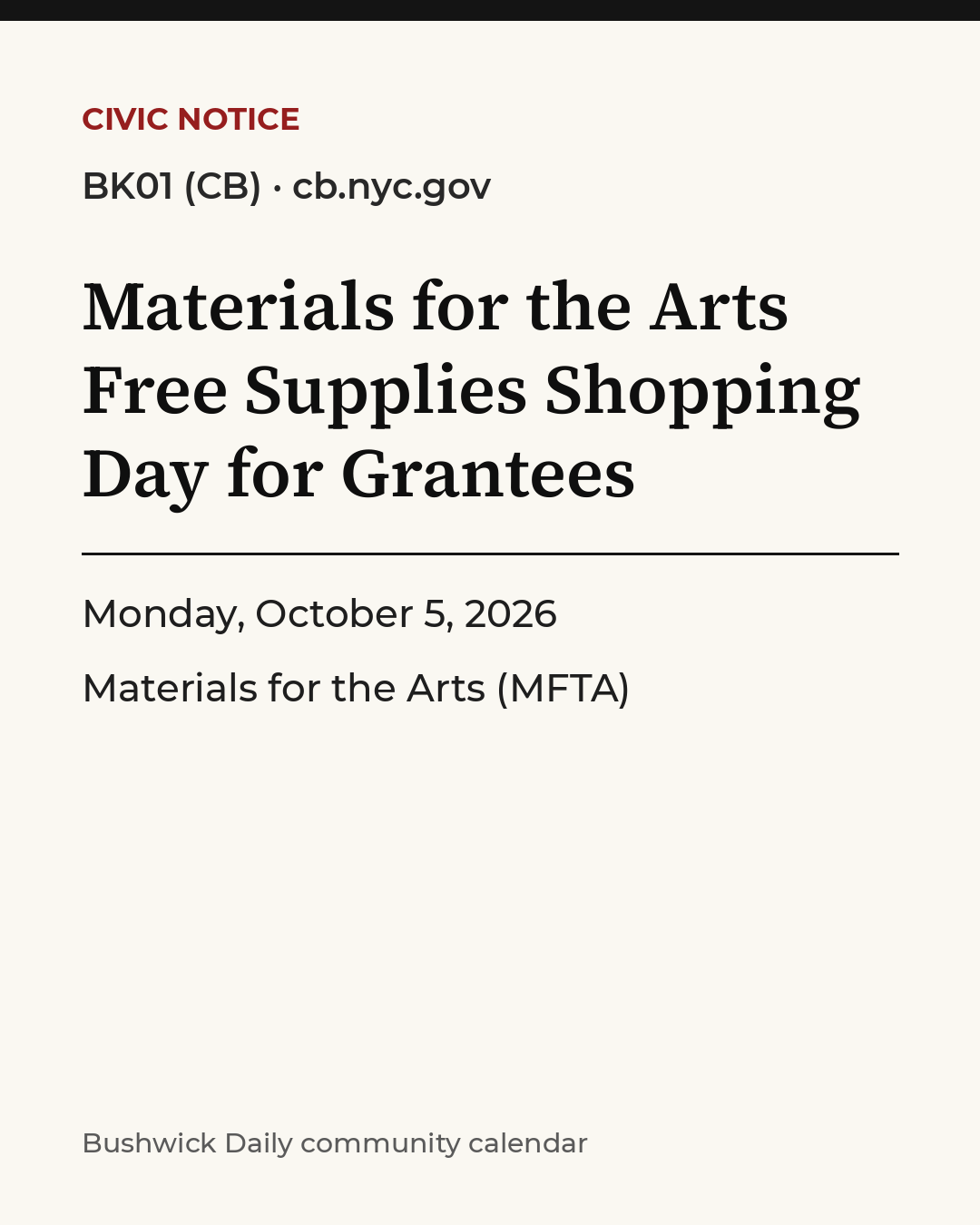 Flyer for Materials for the Arts Free Supplies Shopping Day for Grantees