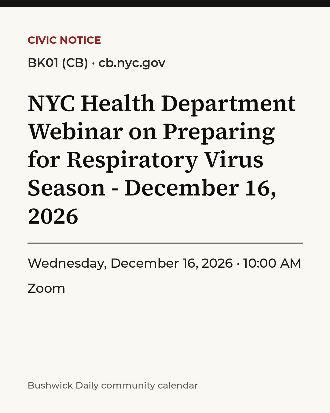 Flyer for NYC Health Department Webinar on Preparing for Respiratory Virus Season - December 16, 2026