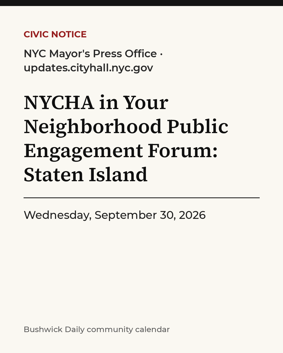 Flyer for NYCHA in Your Neighborhood Public Engagement Forum: Staten Island