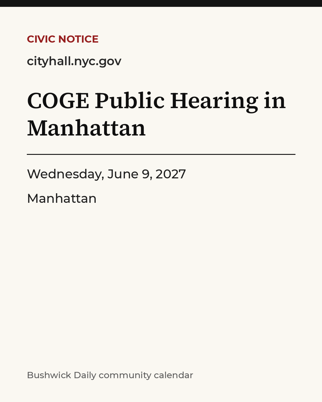 Flyer for COGE Public Hearing in Manhattan