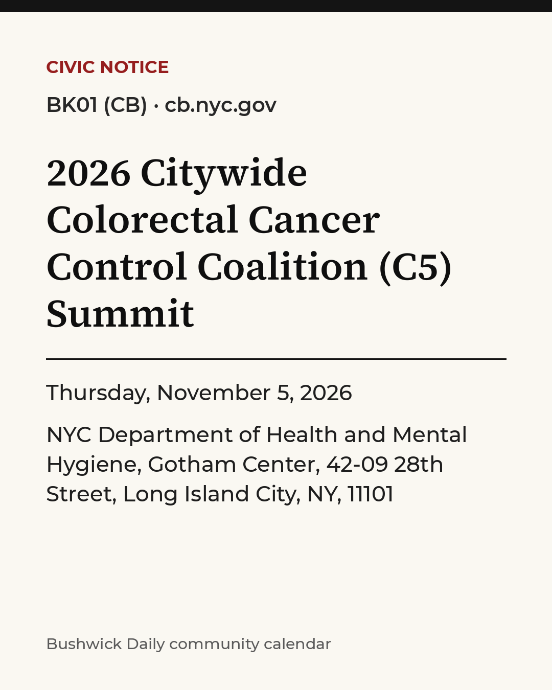 Flyer for 2026 Citywide Colorectal Cancer Control Coalition (C5) Summit