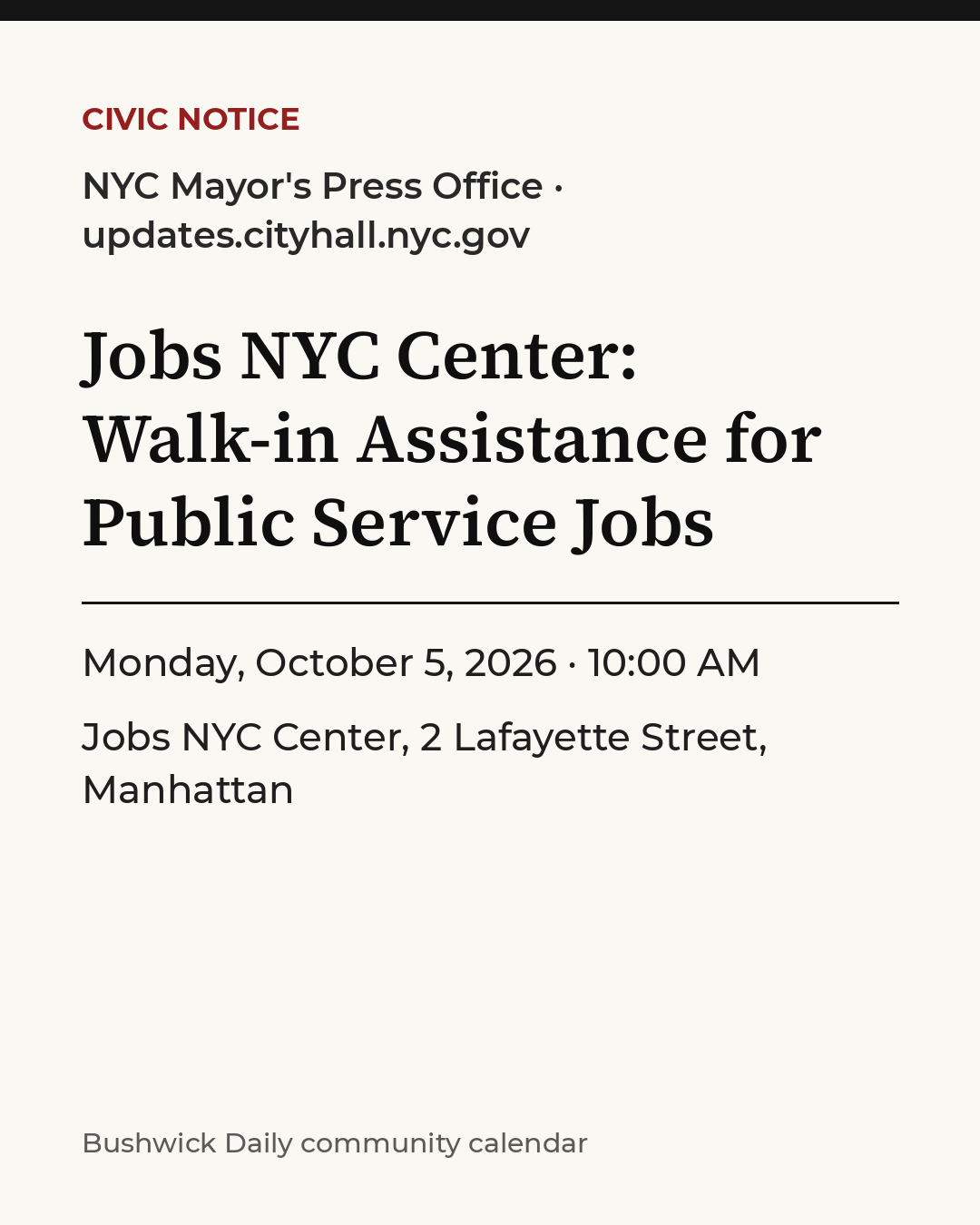 Flyer for Jobs NYC Center: Walk-in Assistance for Public Service Jobs