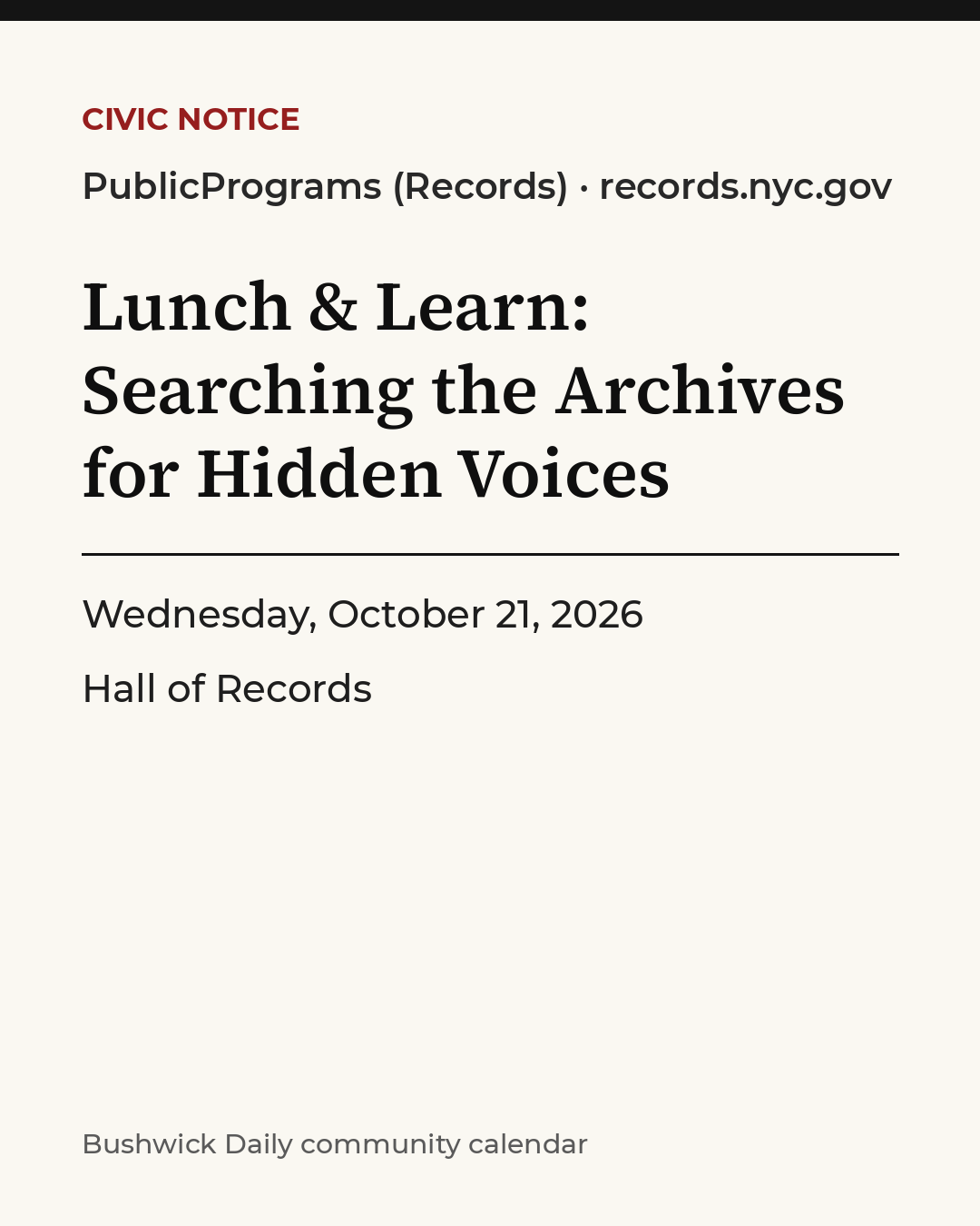 Flyer for Lunch & Learn: Searching the Archives for Hidden Voices