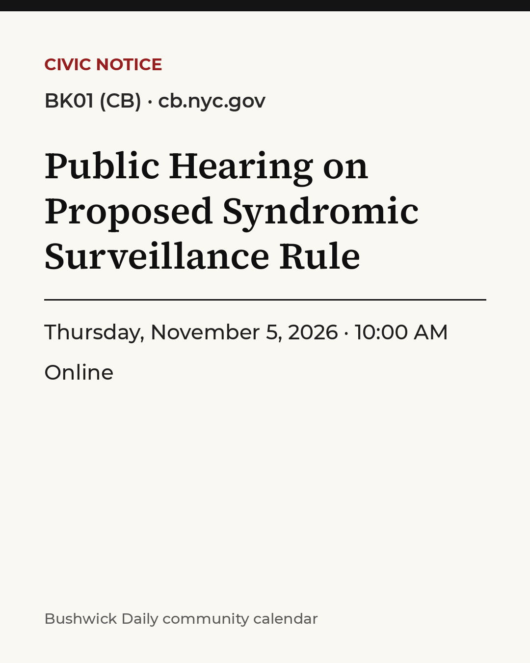 Flyer for Public Hearing on Proposed Syndromic Surveillance Rule