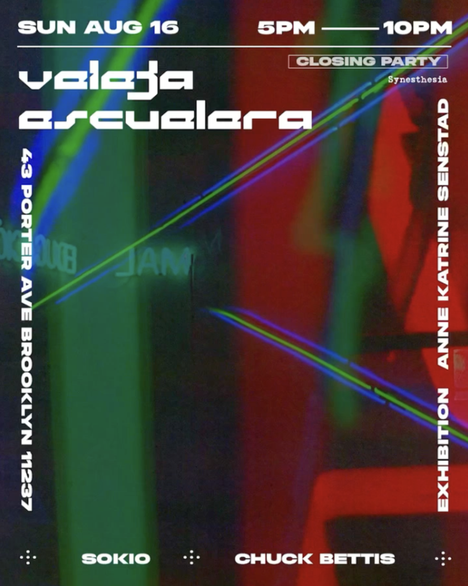 Flyer for Closing Party: Anne Katrine Senstad’s exhibition Veieja Escuelera with sound performances by Chuck Bettis and Sokio + BBQ