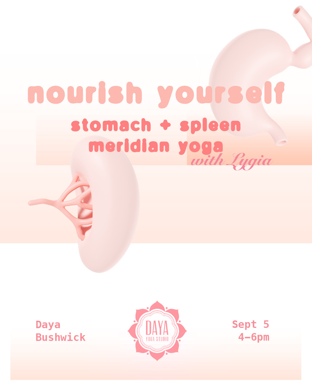Flyer for Nourish Yourself: Stomach + Spleen Meridian Yoga with Lygia