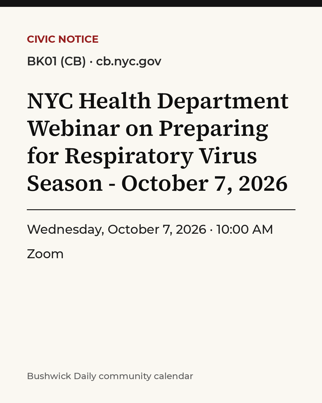 Flyer for NYC Health Department Webinar on Preparing for Respiratory Virus Season - October 7, 2026