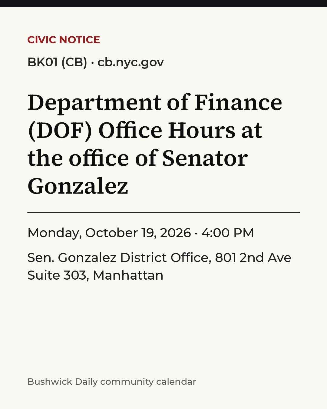 Flyer for Department of Finance (DOF) Office Hours at the office of Senator Gonzalez