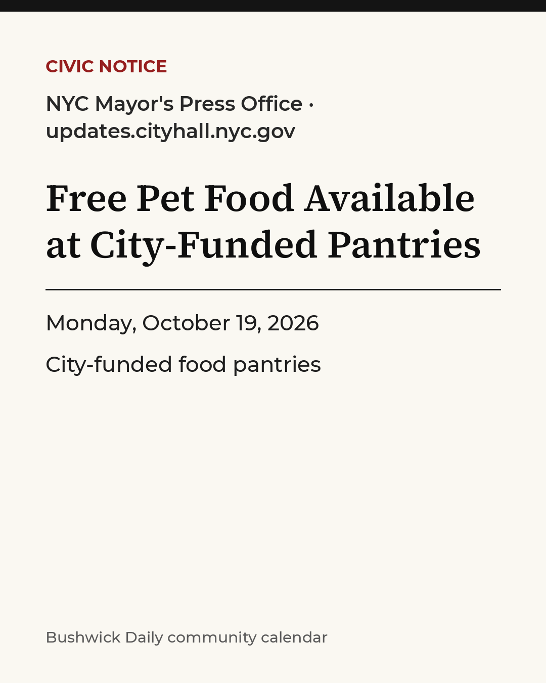 Flyer for Free Pet Food Available at City-Funded Pantries