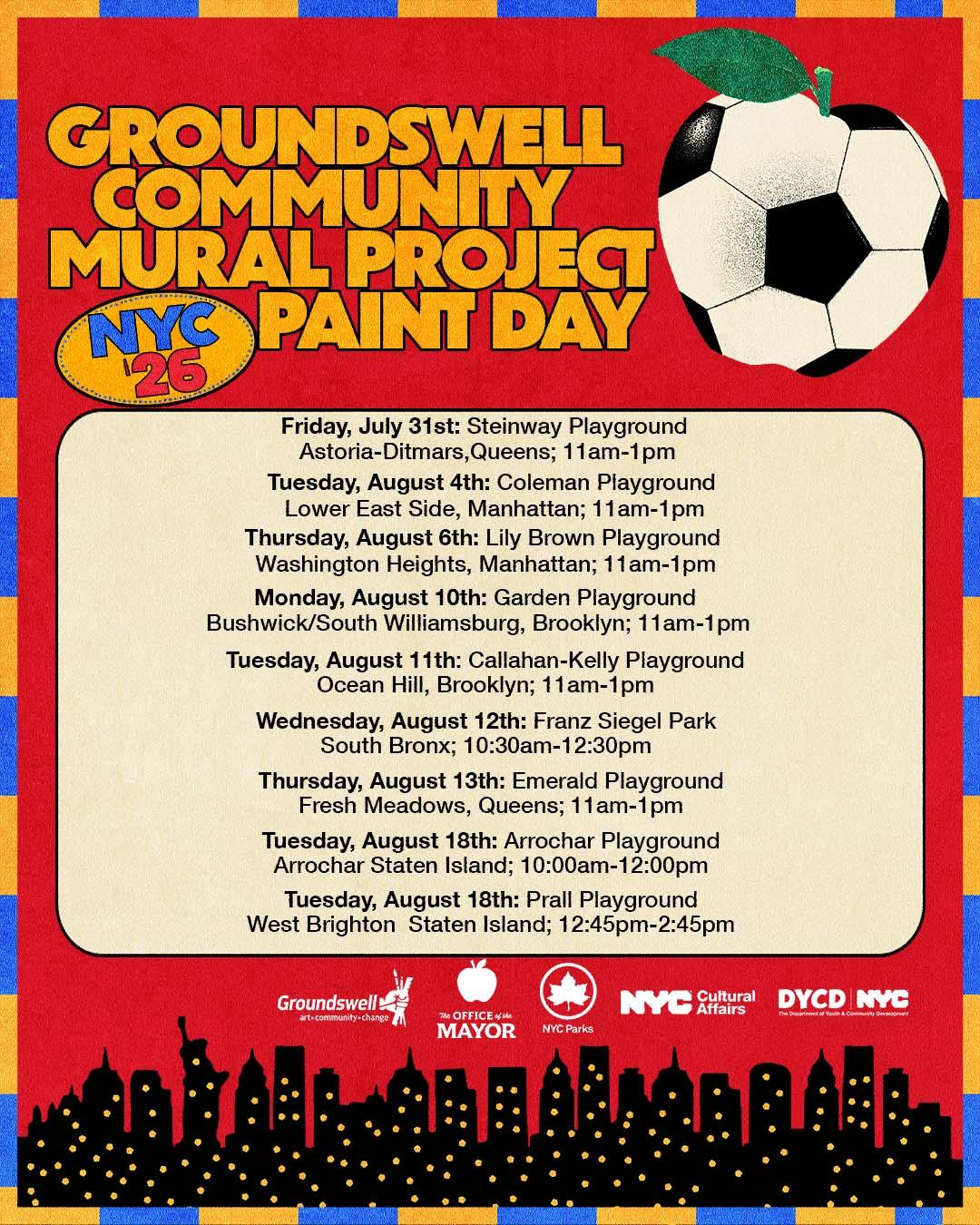 Flyer for Groundswell Community Mural Project NYC Paint Day at Steinway Playground