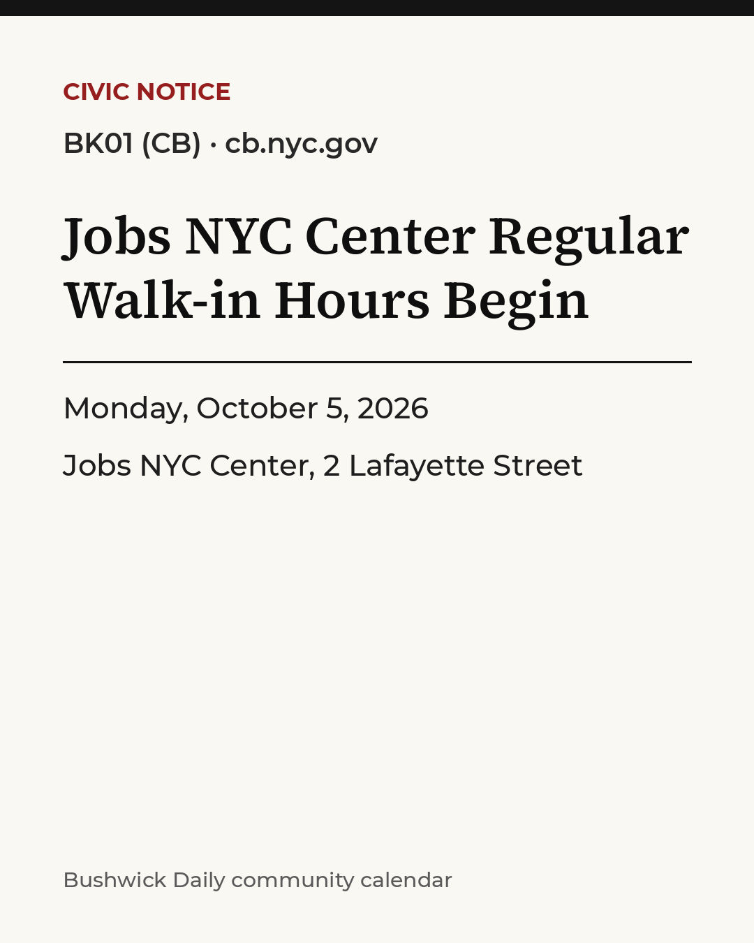 Flyer for Jobs NYC Center Regular Walk-in Hours Begin
