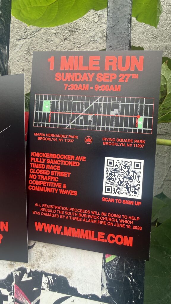Flyer for 1-mile run down Knickerbocker Avenue to rebuild fire-destroyed South Bushwick Church