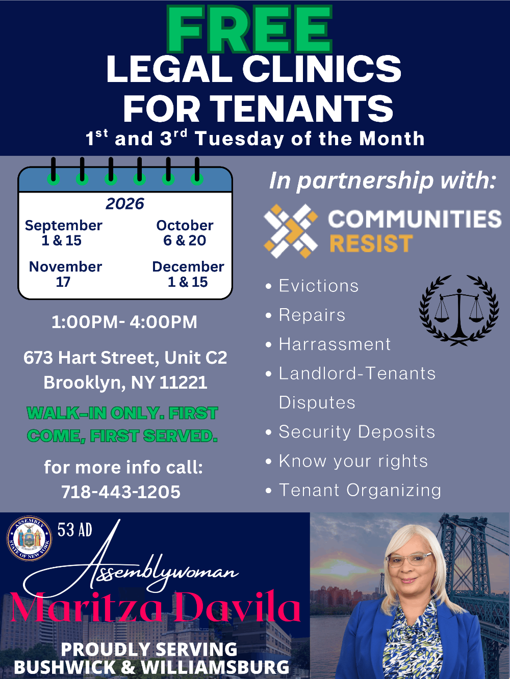 Flyer for FREE LEGAL CLINICS FOR TENANTS