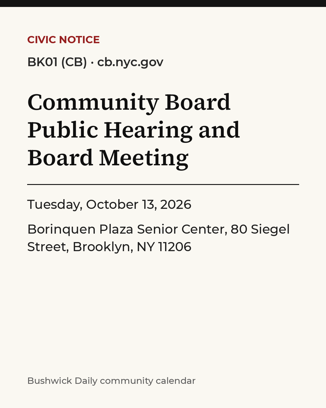 Flyer for Community Board Public Hearing and Board Meeting