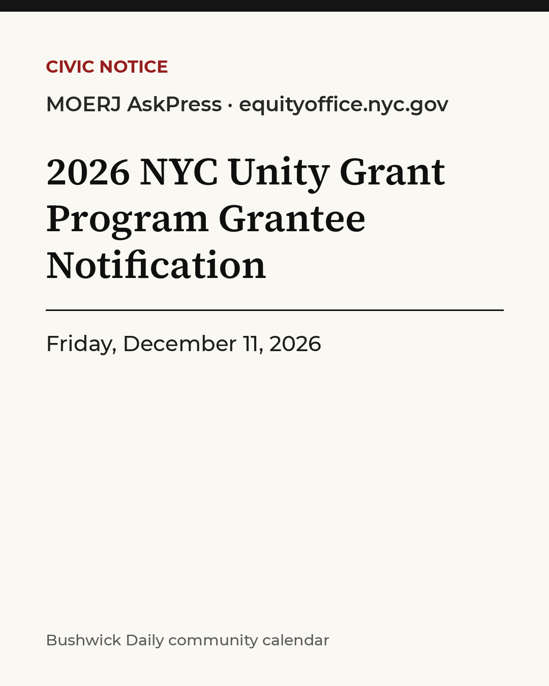 Flyer for 2026 NYC Unity Grant Program Grantee Notification