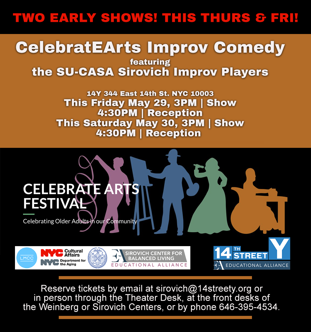 Flyer for CelebratEArts Improv Comedy featuring the SU-CASA Sirovich Improv Players