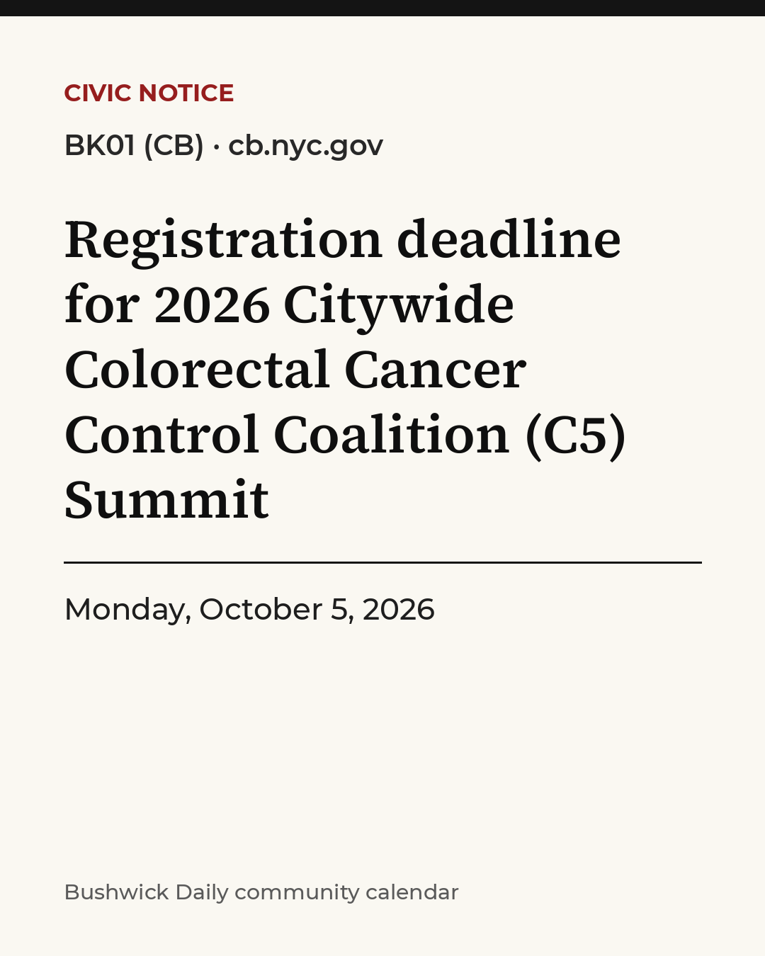 Flyer for Registration deadline for 2026 Citywide Colorectal Cancer Control Coalition (C5) Summit