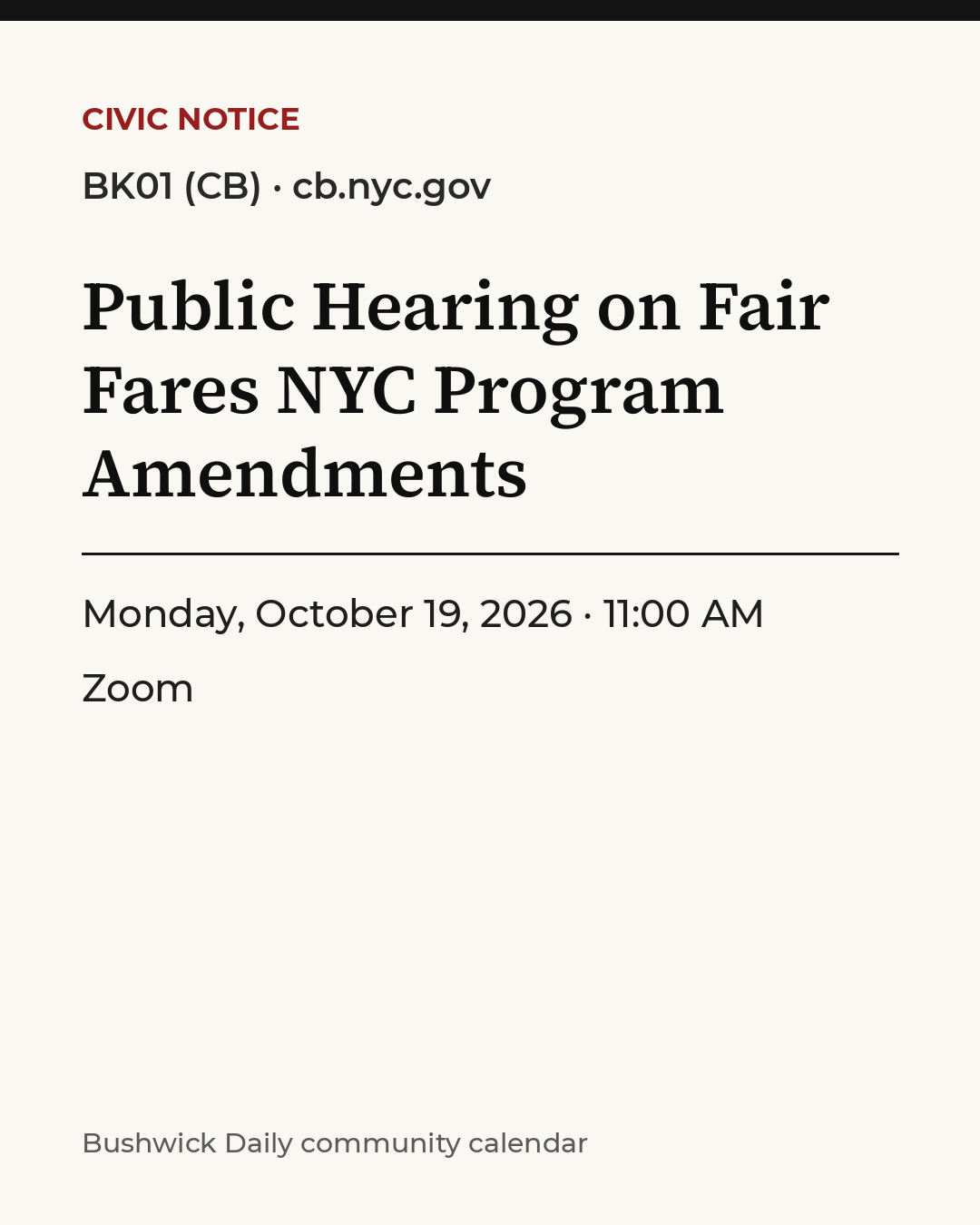 Flyer for Public Hearing on Fair Fares NYC Program Amendments
