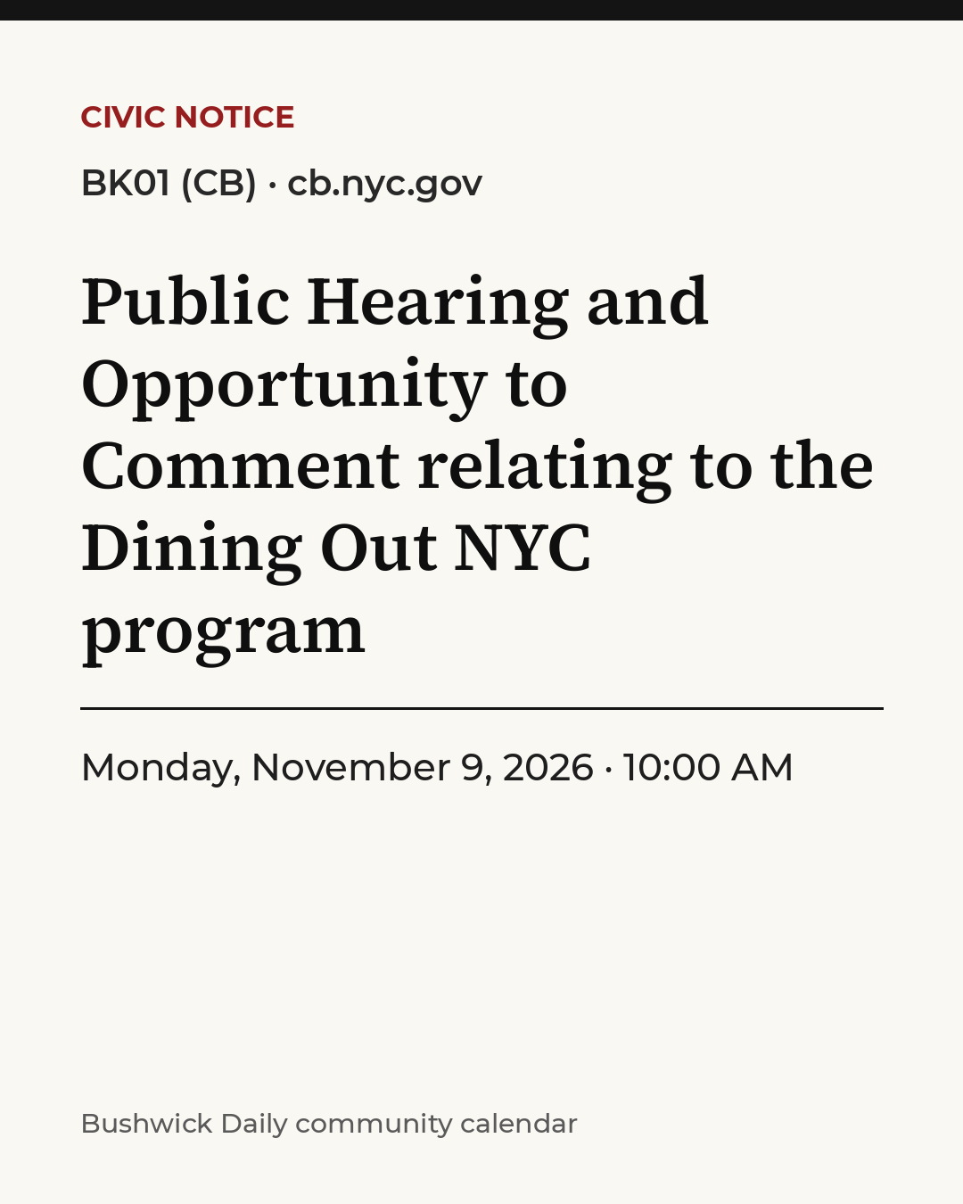 Flyer for Public Hearing and Opportunity to Comment relating to the Dining Out NYC program