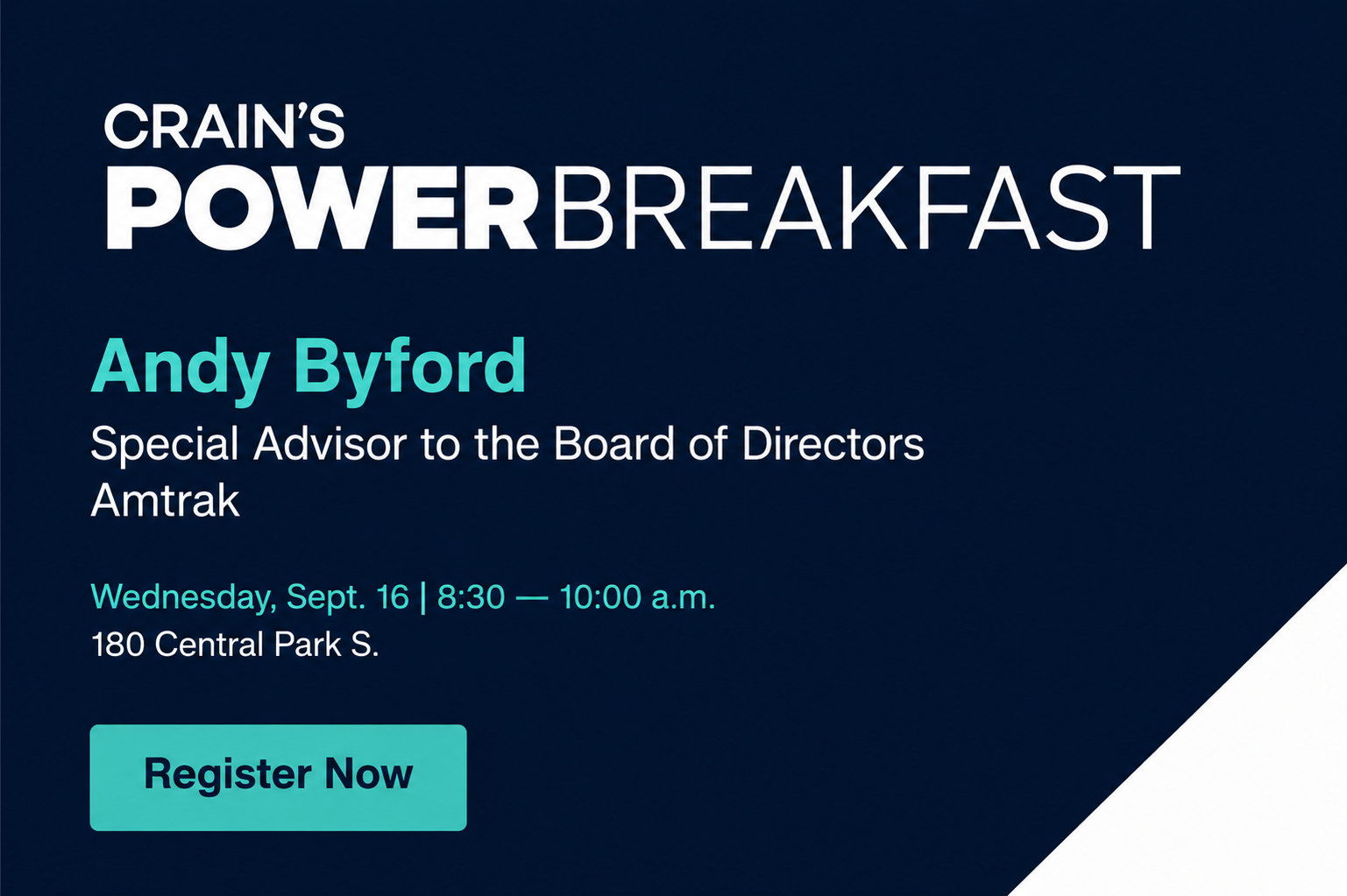 Flyer for Crain's Power Breakfast: Inside the plan to remake Penn Station with Andy Byford