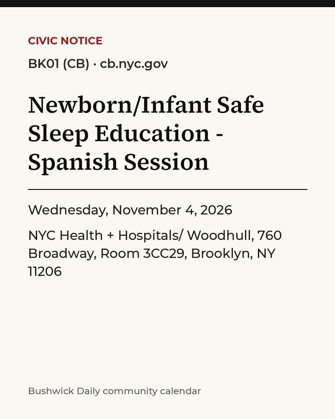 Flyer for Newborn/Infant Safe Sleep Education - Spanish Session