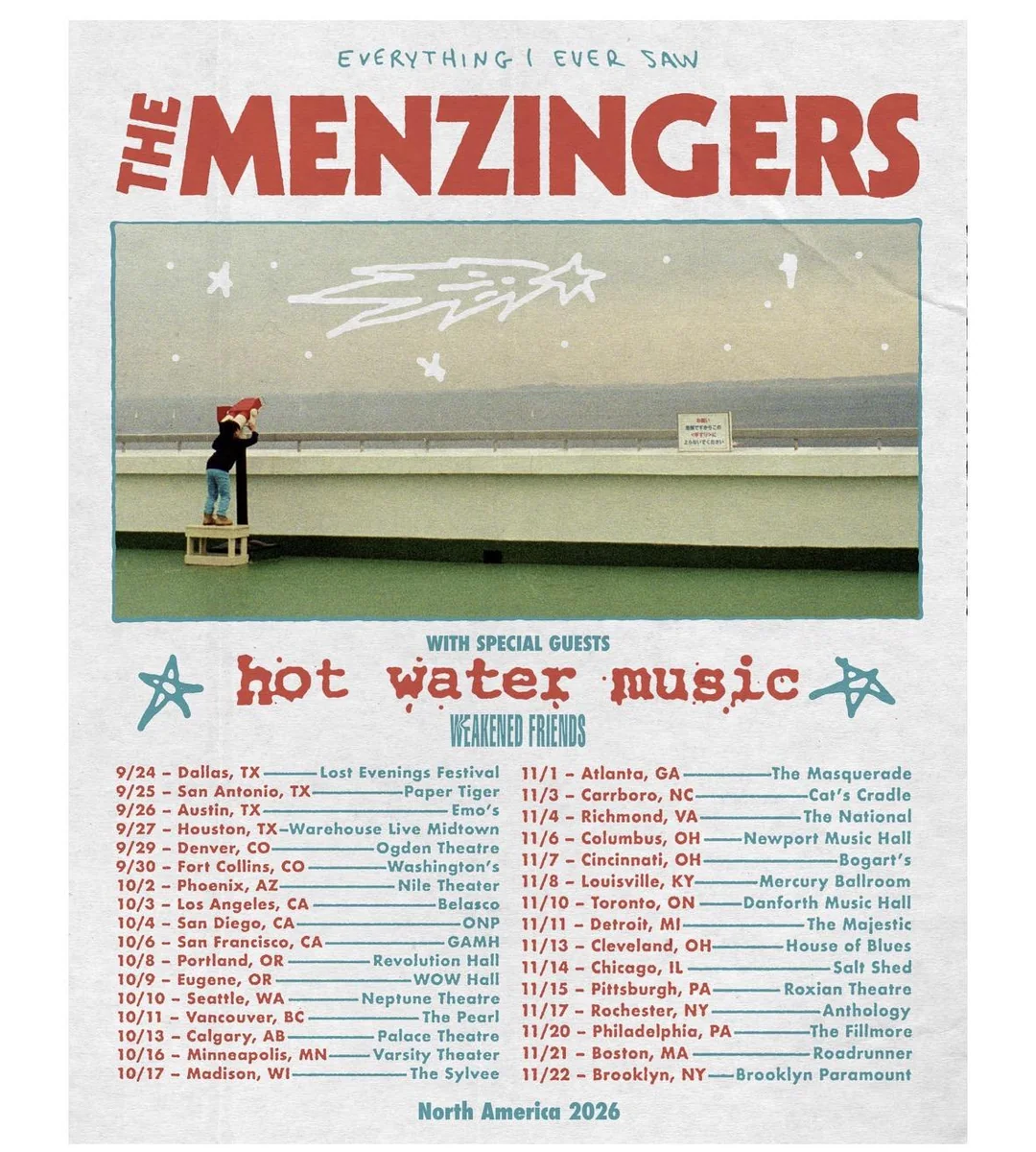 Flyer for The Menzingers with Hot Water Music and Weakened Friends