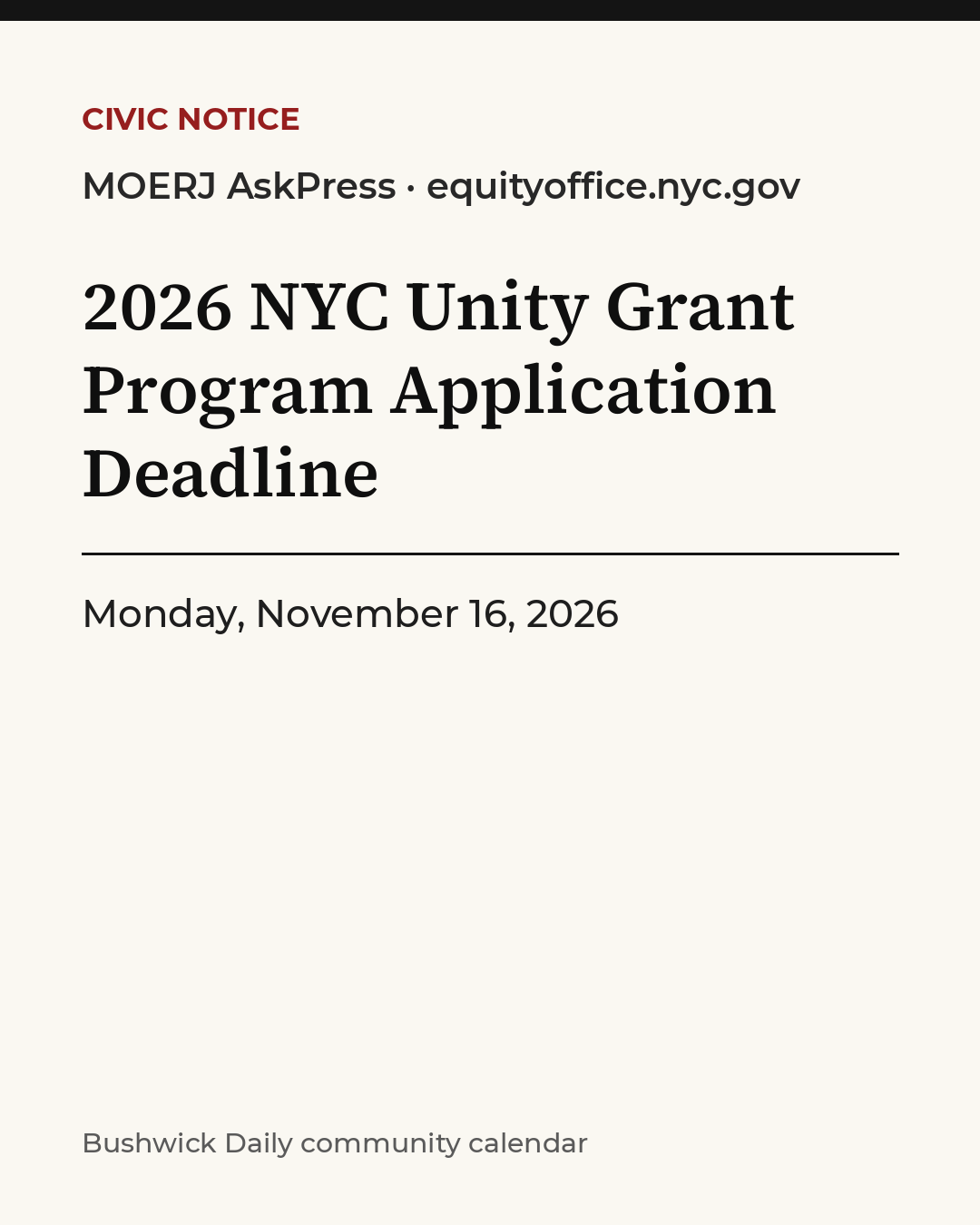 Flyer for 2026 NYC Unity Grant Program Application Deadline