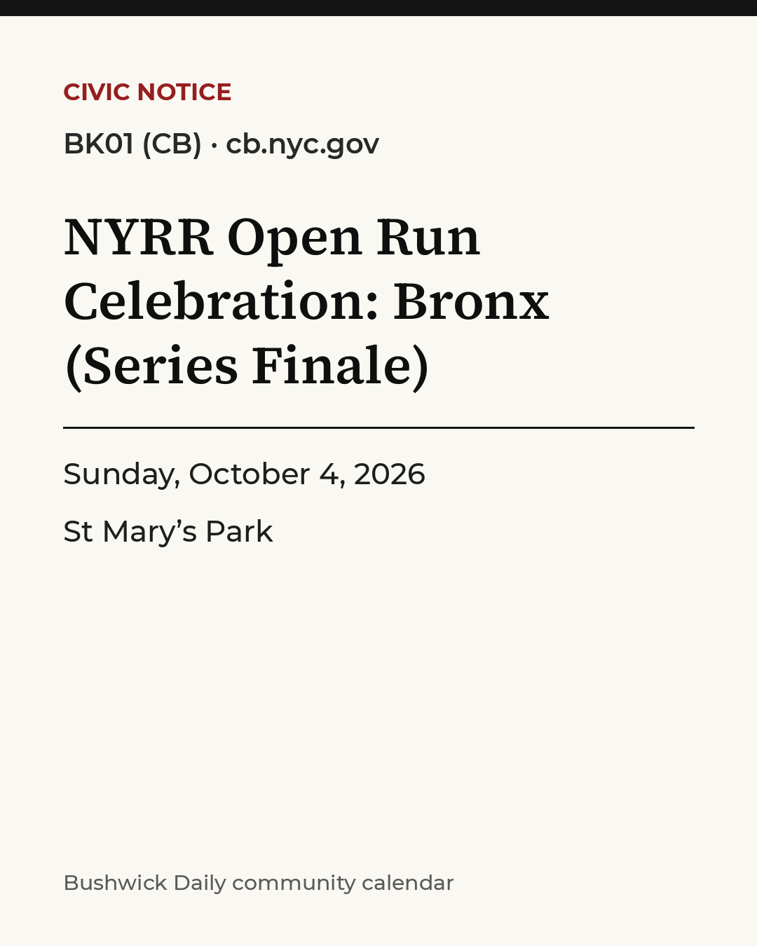 Flyer for NYRR Open Run Celebration: Bronx (Series Finale)