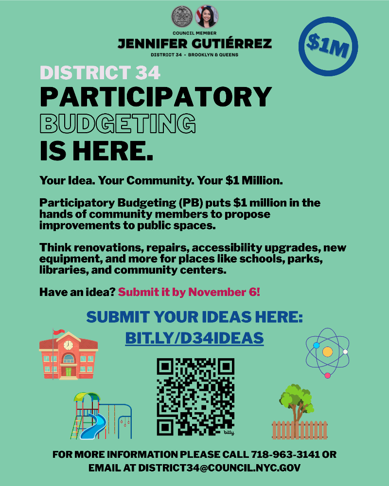 Flyer for District 34 Participatory Budgeting Idea Submission Deadline