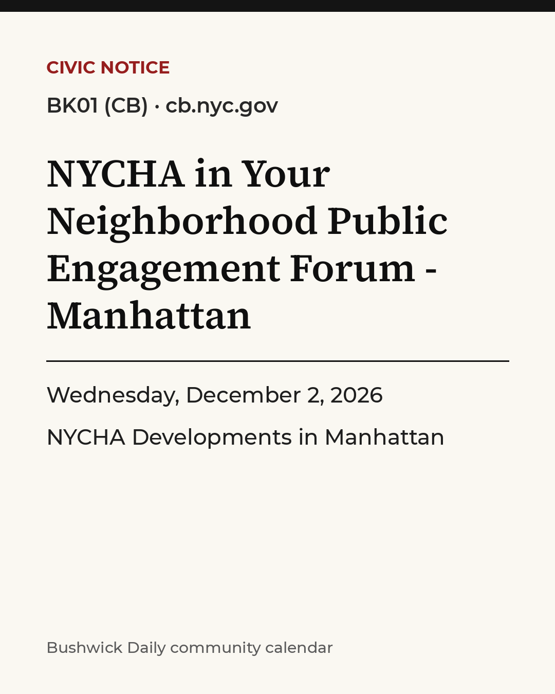 Flyer for NYCHA in Your Neighborhood Public Engagement Forum - Manhattan