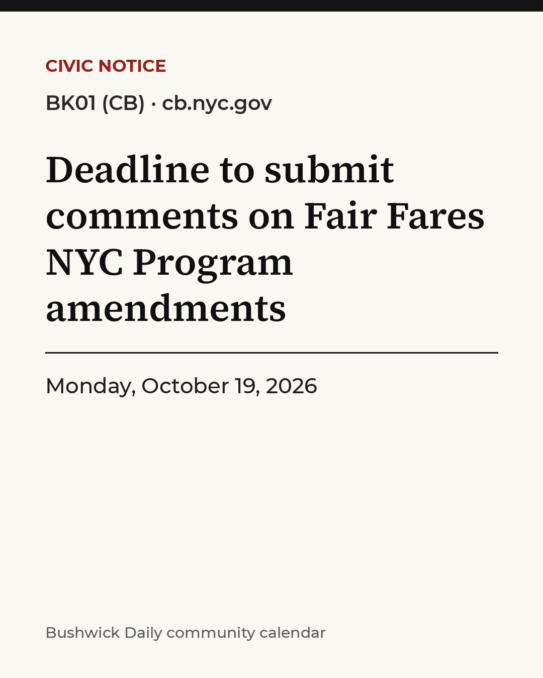 Flyer for Deadline to submit comments on Fair Fares NYC Program amendments