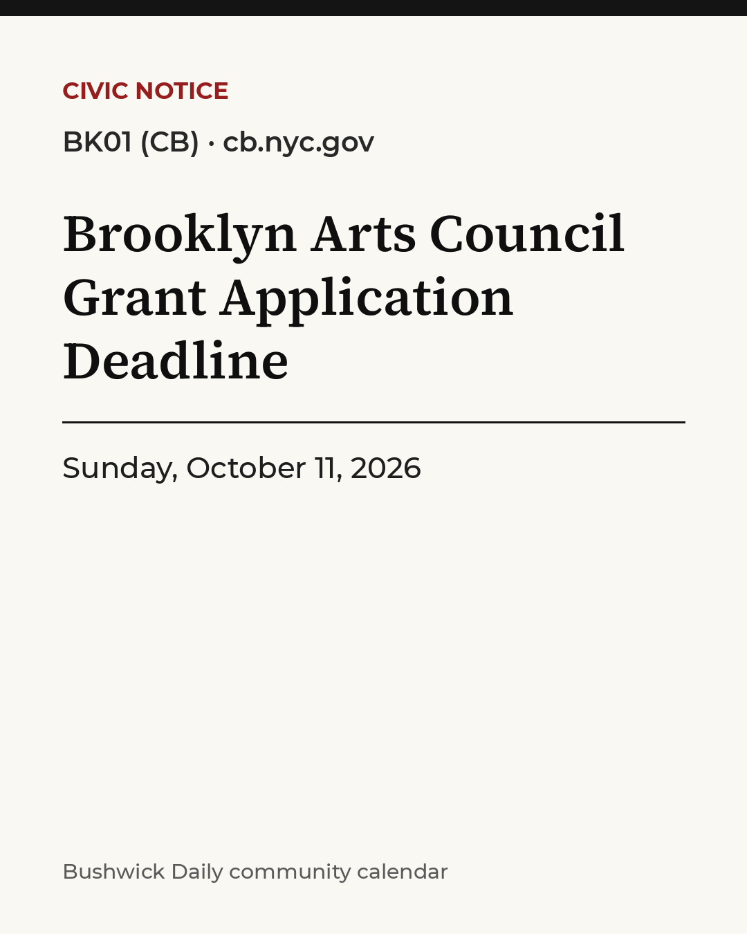 Flyer for Brooklyn Arts Council Grant Application Deadline
