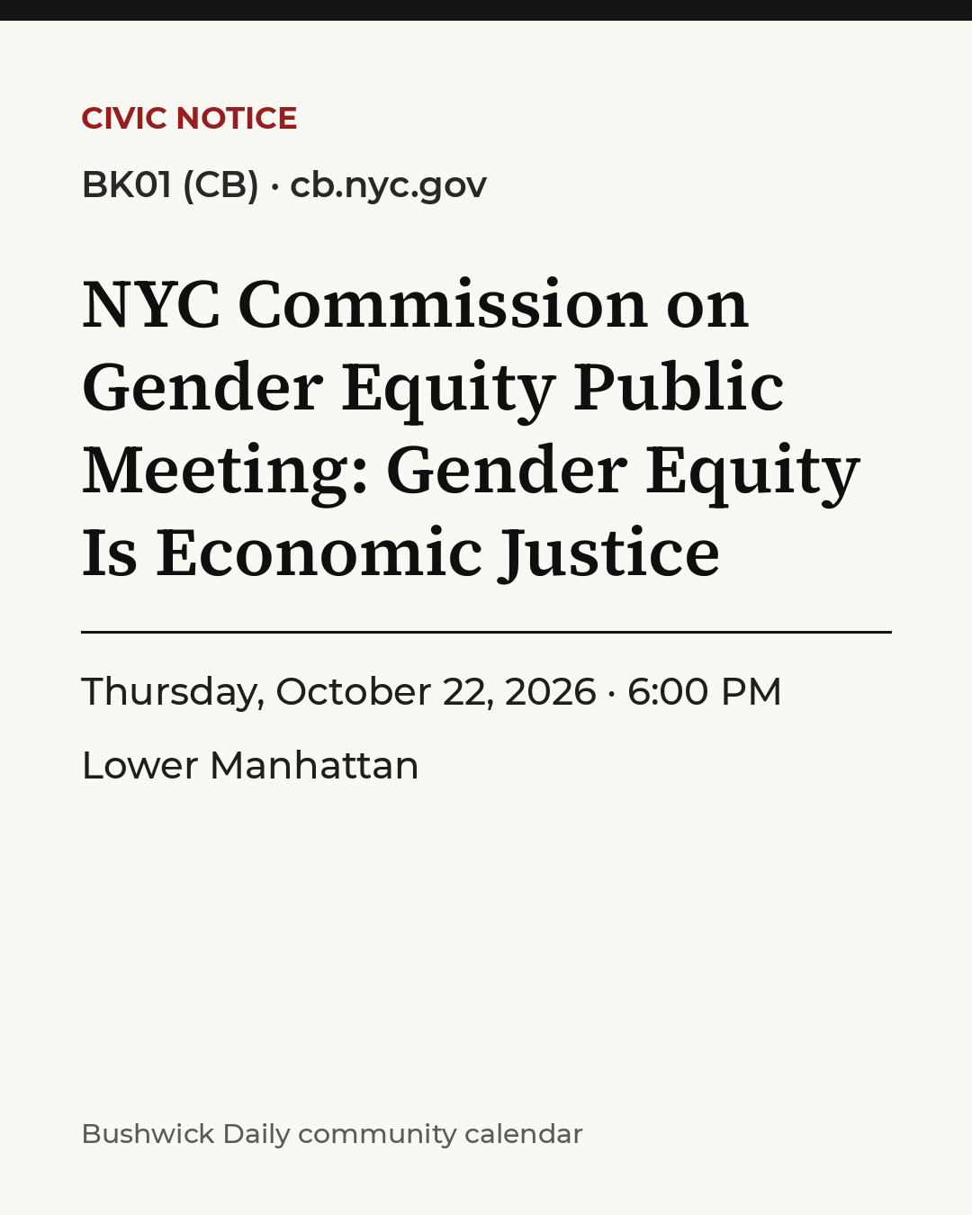 Flyer for NYC Commission on Gender Equity Public Meeting: Gender Equity Is Economic Justice