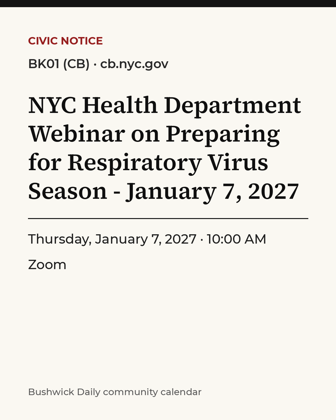 Flyer for NYC Health Department Webinar on Preparing for Respiratory Virus Season - January 7, 2027