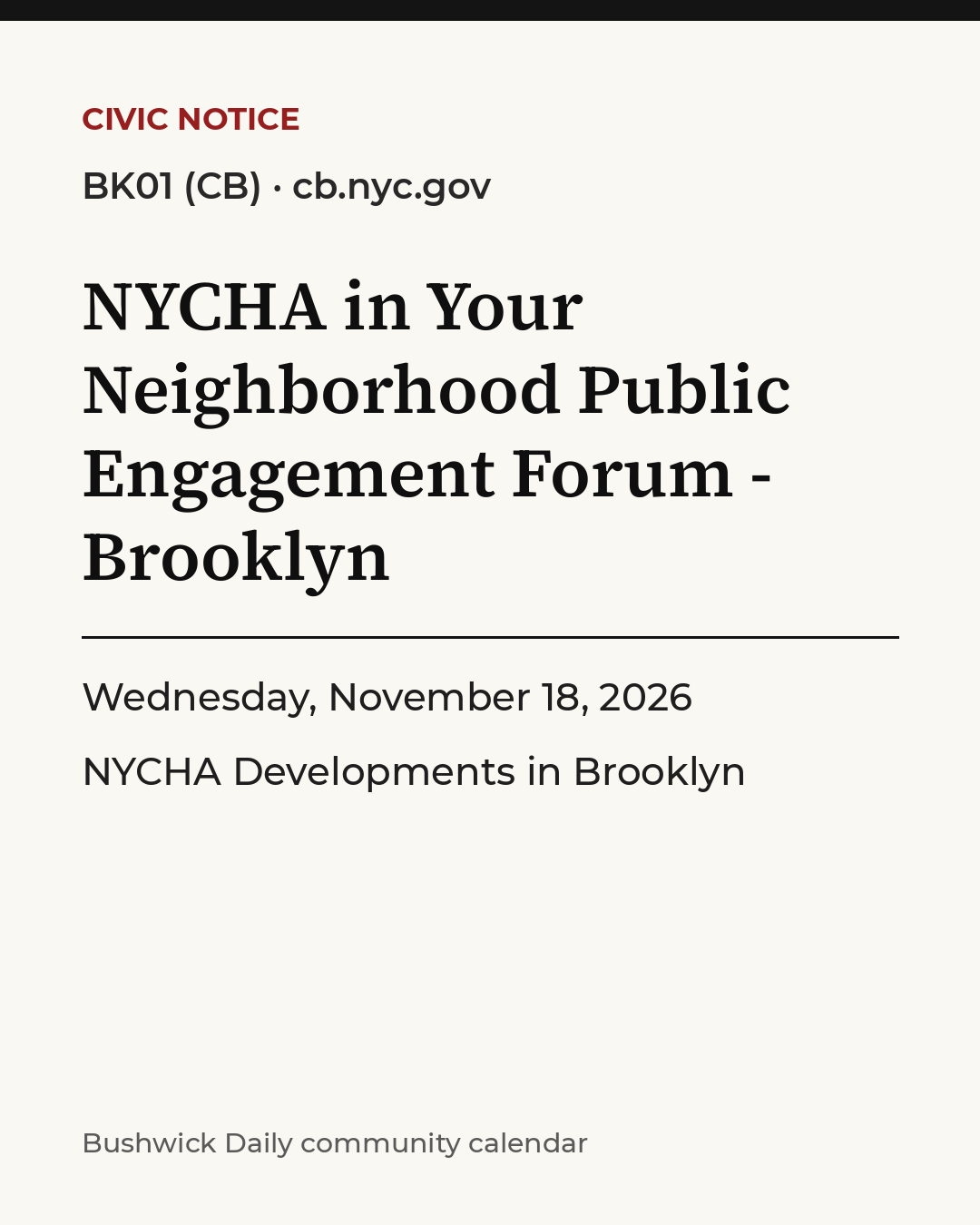 Flyer for NYCHA in Your Neighborhood Public Engagement Forum - Brooklyn