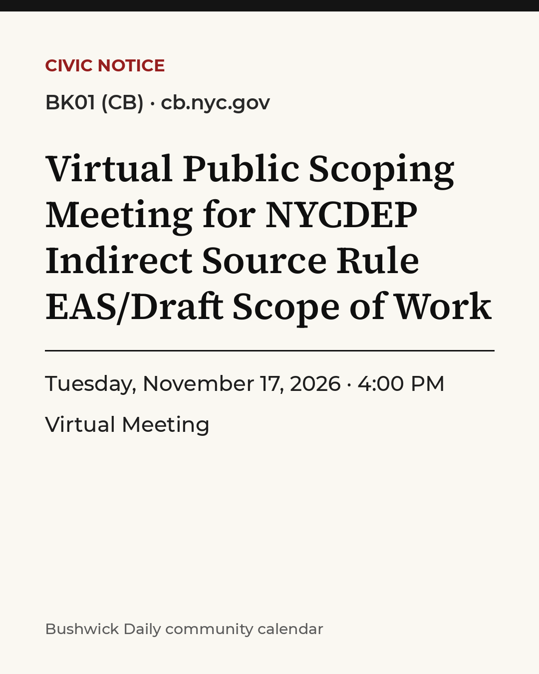 Flyer for Virtual Public Scoping Meeting for NYCDEP Indirect Source Rule EAS/Draft Scope of Work