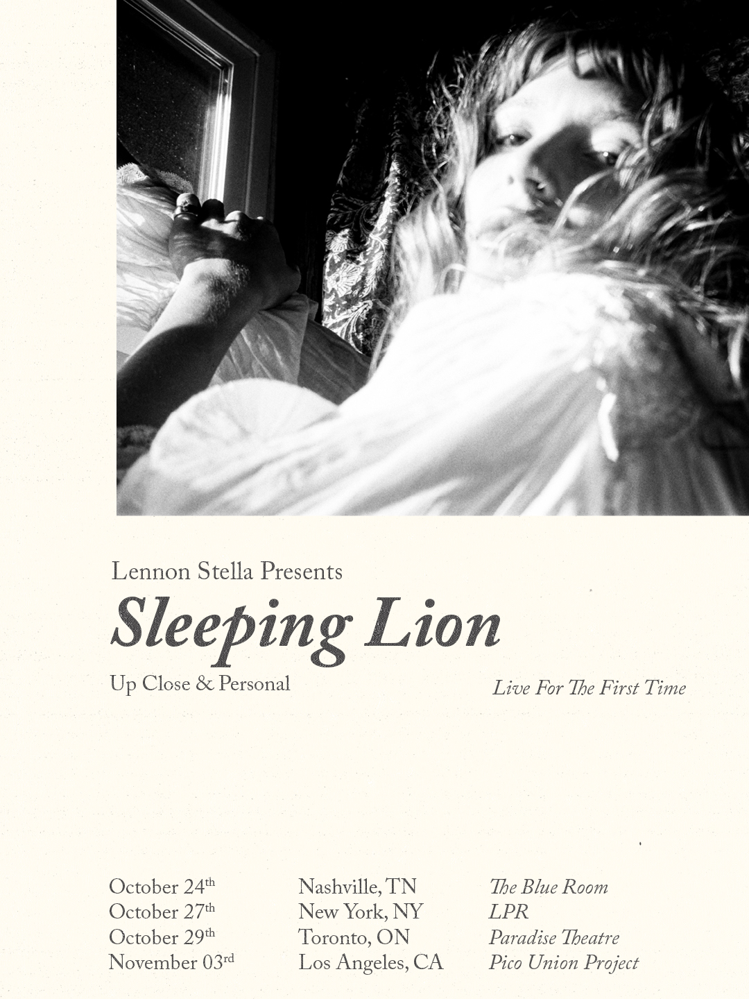 Flyer for Lennon Stella Presents Sleeping Lion: Up Close & Personal