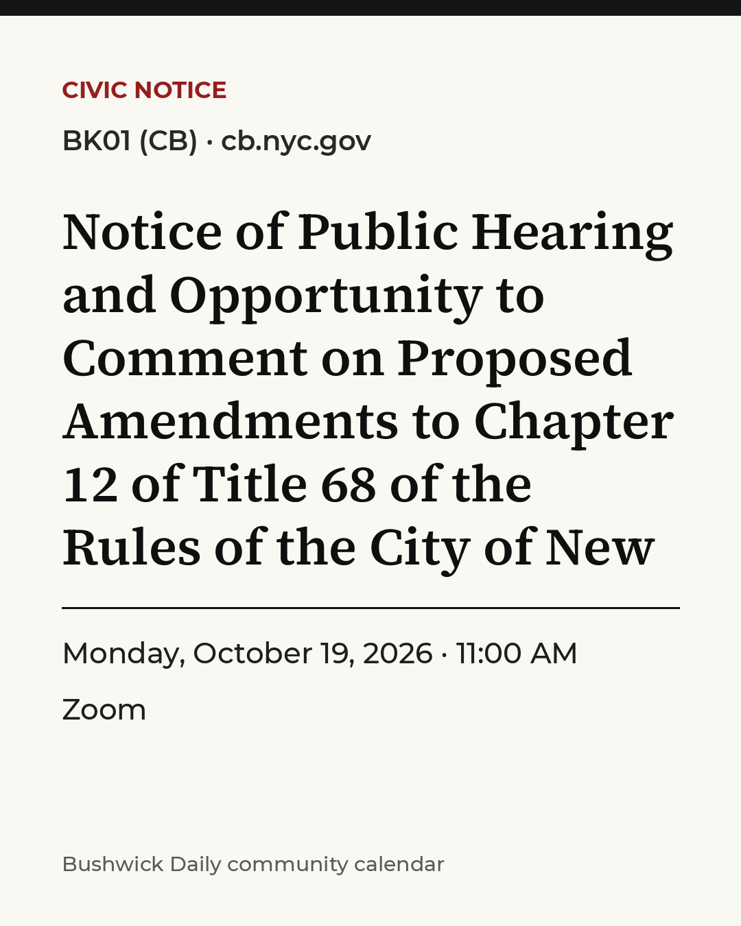 Flyer for Notice of Public Hearing and Opportunity to Comment on Proposed Amendments to Chapter 12 of Title 68 of the Rules of the City of New York Regarding the Fair Fares NYC Program