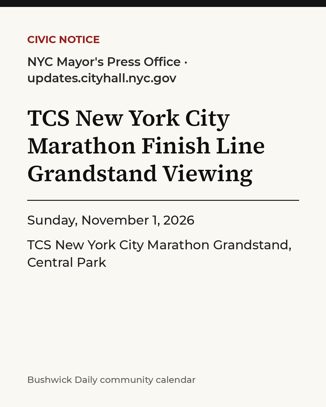 Flyer for TCS New York City Marathon Finish Line Grandstand Viewing