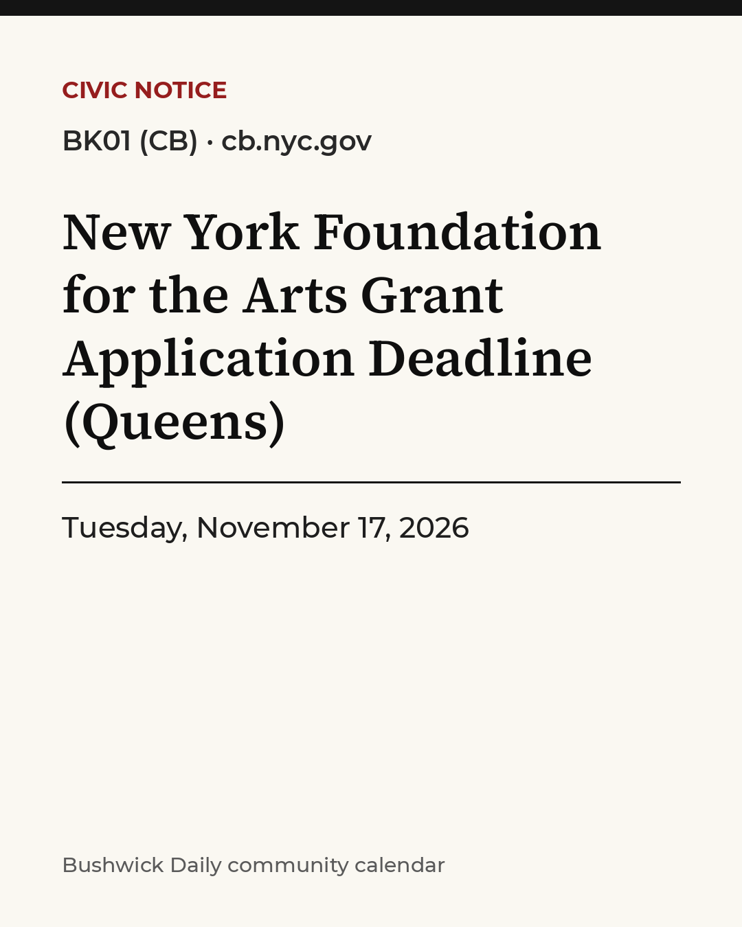 Flyer for New York Foundation for the Arts Grant Application Deadline (Queens)