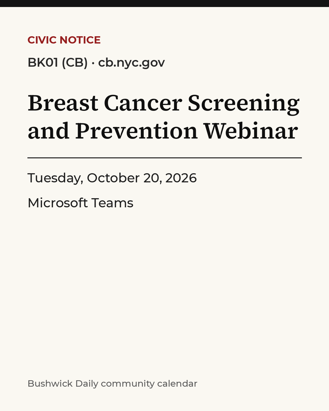 Flyer for Breast Cancer Screening and Prevention Webinar