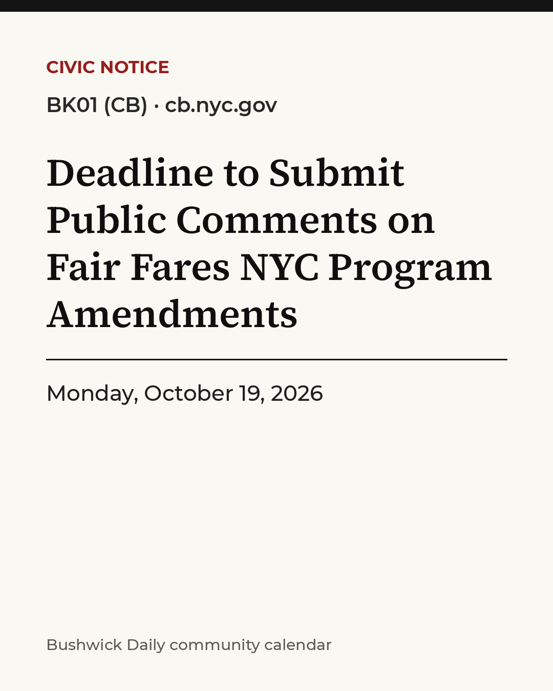 Flyer for Deadline to Submit Public Comments on Fair Fares NYC Program Amendments